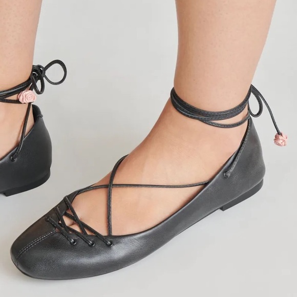 NEW Dolce Vita x For Love & Lemons Black Lace-Up Ballet Flats 8.5 Coquette - Picture 3 of 13